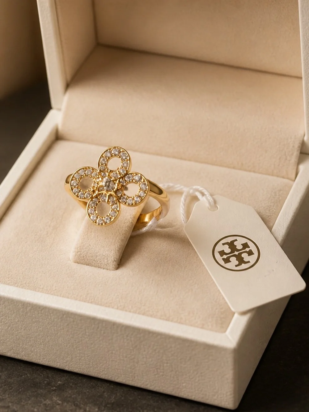 Tory Burch Gold Crystal Four-Leaf Motif Ring
